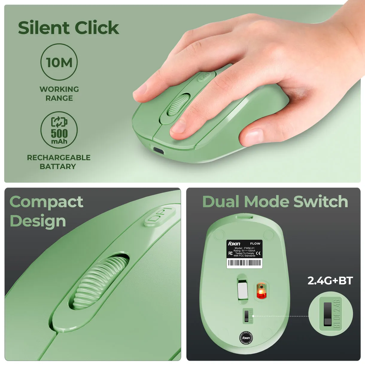 Foxin Wireless Mouse Flow 2.4G + BT (Flow) Green view 3